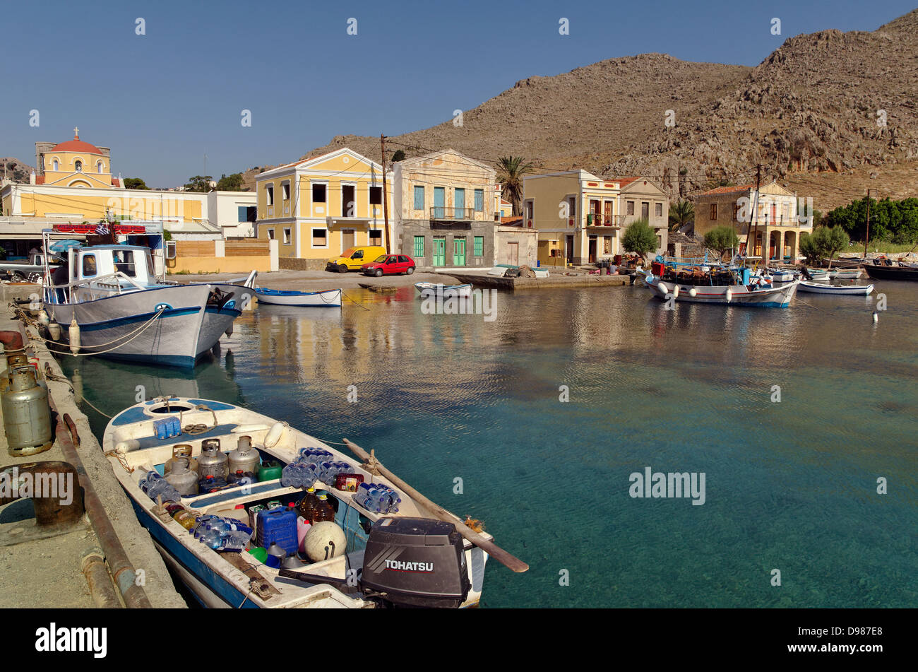 Pedi Dorf, Insel Symi, Dodekanes Insel Gruppe, Griechenland Stockfoto