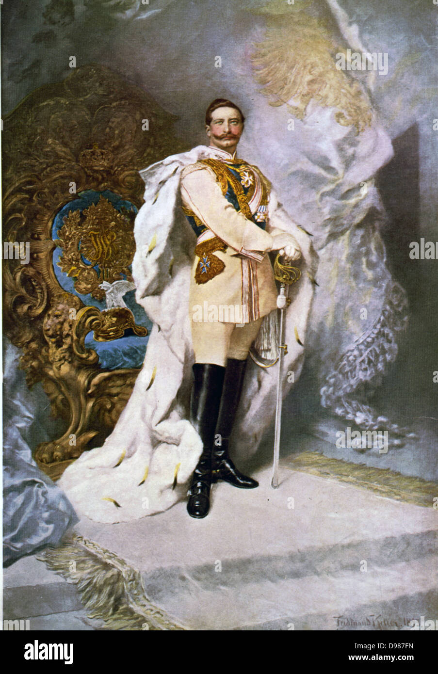 Wilhelm II. (1859-1941), Kaiser von Deutschland (1888-1918) in voller Länge Porträt in voller Uniform und Hermelin Robe, vor dem Thron stehen. Künstler, Ferdinand Keller 1842-1922. Stockfoto