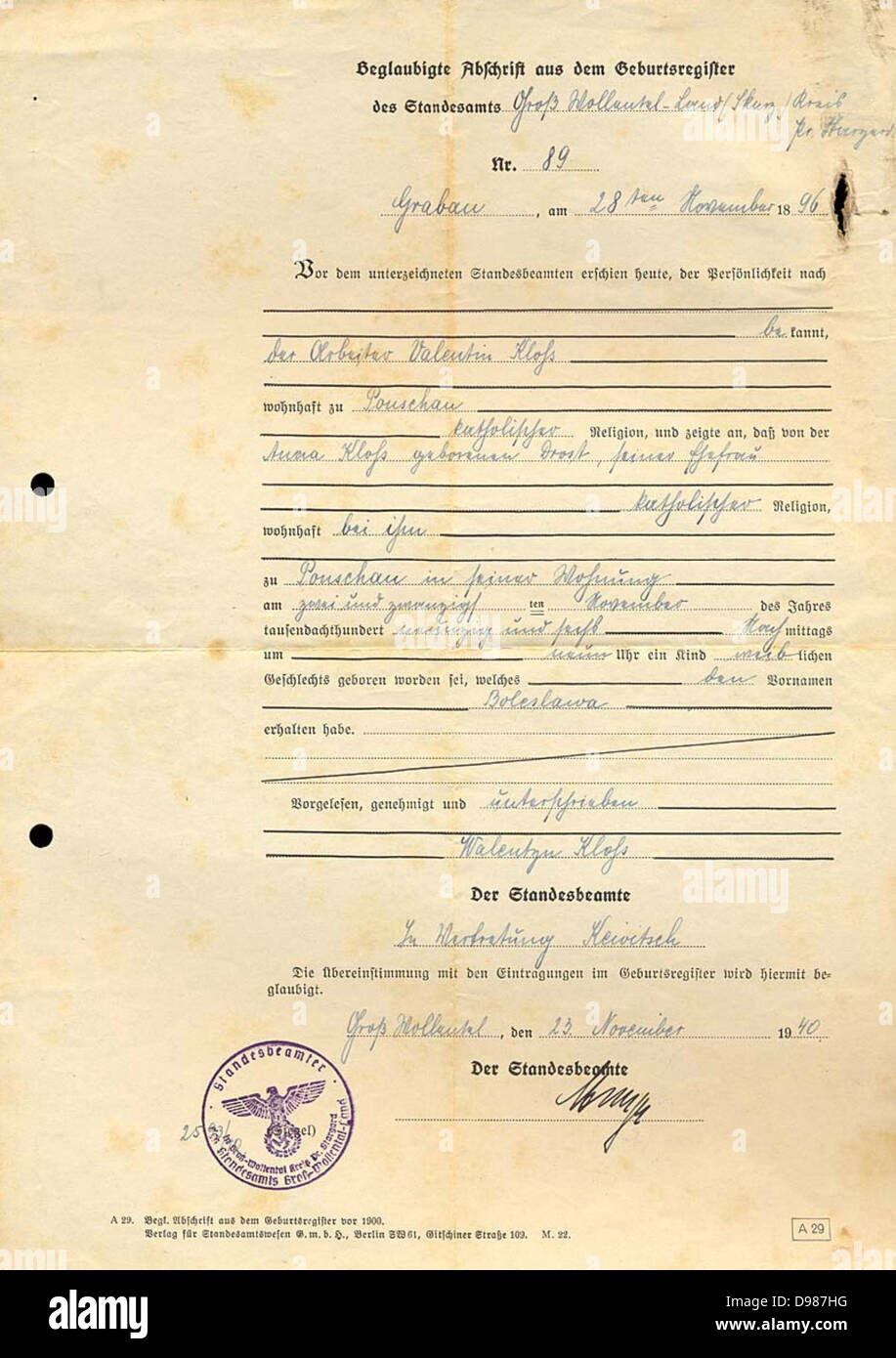 Deutschland: Kopie der Registrierung von Geburten, datiert 1940, für einen Mann im Jahre 1896 geboren. Dokumente wie dieses wurden verwendet, arischer Abstammung zu etablieren. Stockfoto