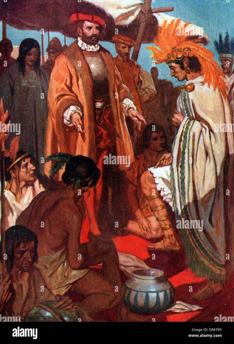 Prinz Guatemozin, Schwiegersohn von Montezuma ist Arrained vor Cortez über den Fall von Mexiko-Stadt, 1524. Stockfoto