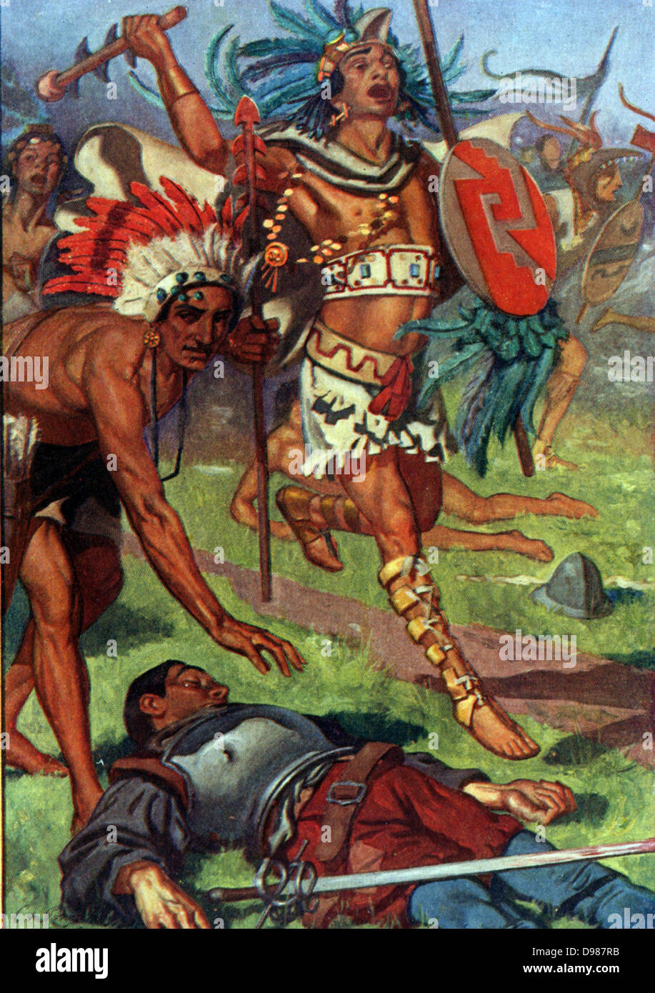 Aztekische Krieger greifen die flüchtenden Spanier. Stockfoto