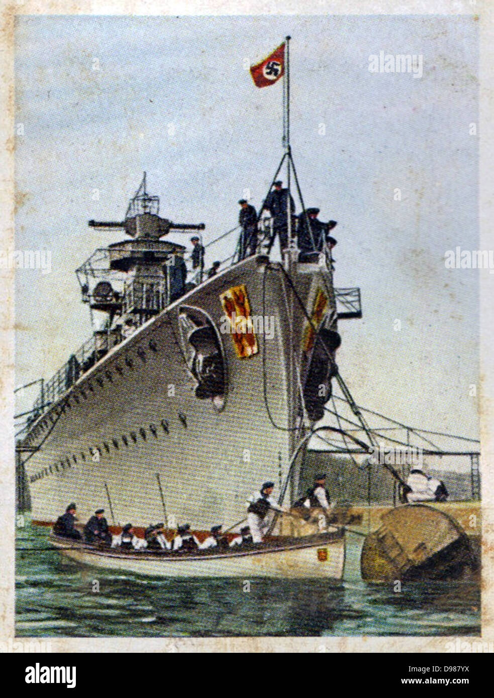 Deutsche Aufrüstung und Militarisierung: Zweiter Weltkrieg pocket Panzerkreuzer "Admiral Graf Spee". Nachdem er neun Alliierte Handelsschiffe im Atlantik war sie unten durch britische Kriegsschiffe im Dezember 1939 verfolgt und wurde in der darauf folgenden Schlacht der River Plate beschädigt. Sie legte in Montevideo für Reparaturen, wo sie für 72 Stunden bleiben konnten. Statt Zerstörung Gesicht durch feindliche Kriegsschiffe und das Leben seiner ganzen Crew verlieren, Kapitän Langsdorff versenkt sein Schiff im Hafen der Mündung am 17. Dezember. Ab Serie 270 Zigarette Karten 'Die Deutsche Wehrmacht", Dresden, 1936. Stockfoto