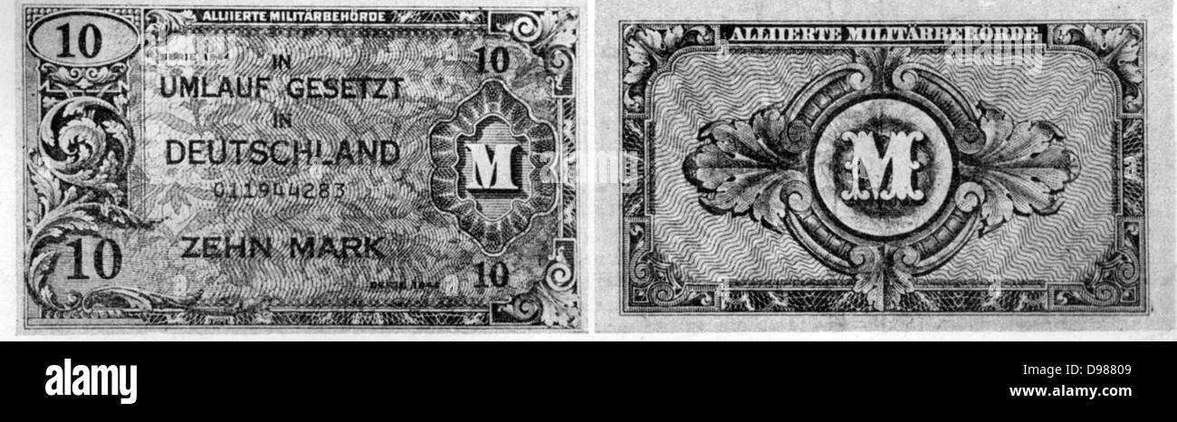 Vorder- und Rückseite eines Alliierten 10 - Mark-Note. Stockfoto
