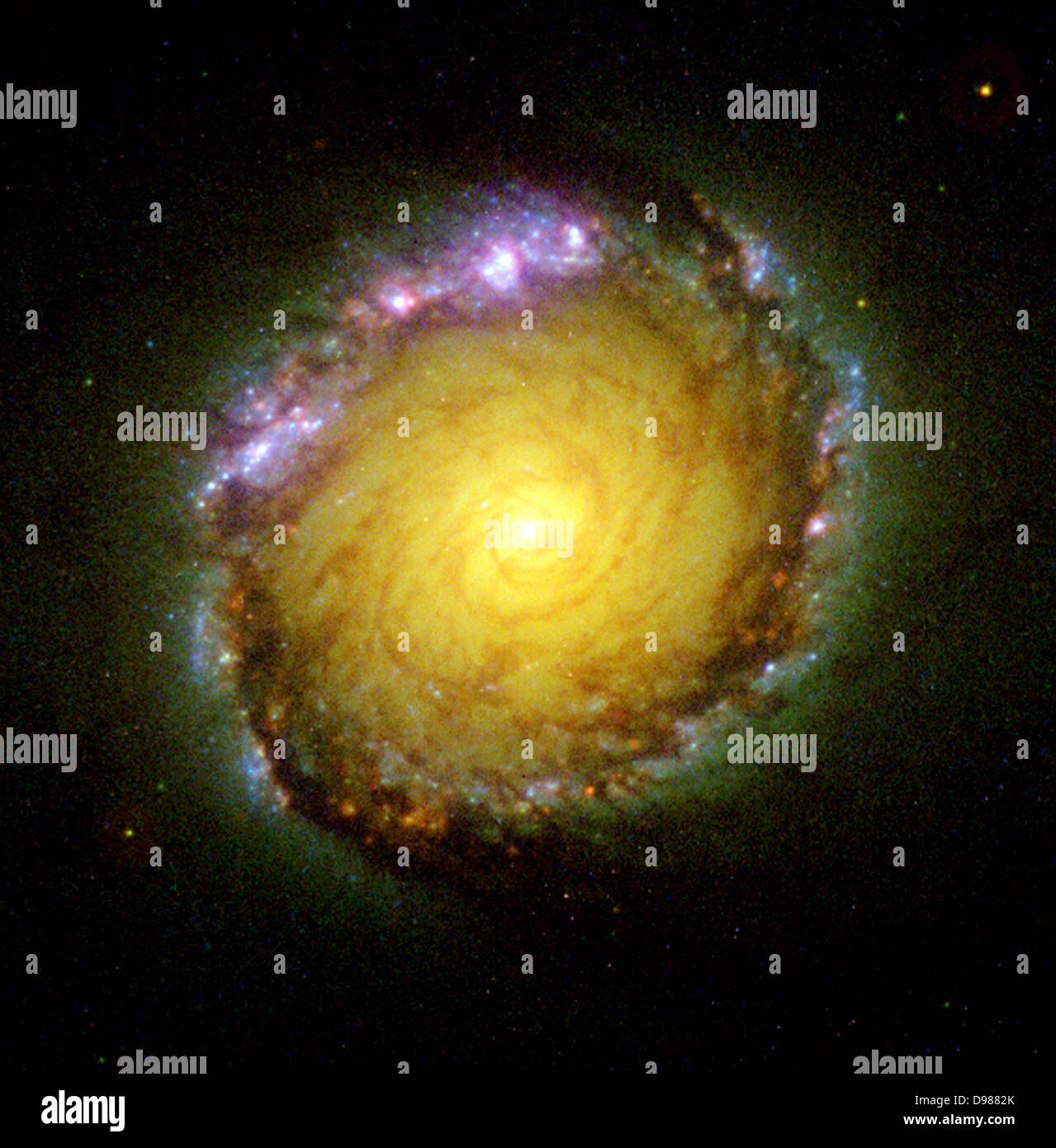 Spiralgalaxie NGC 1512 in vielen Wellenlängen ausgeschlossen. In dieser Ansicht von der Mitte der herrlichen vergitterten Spiralgalaxie NGC 1512 Stockfoto