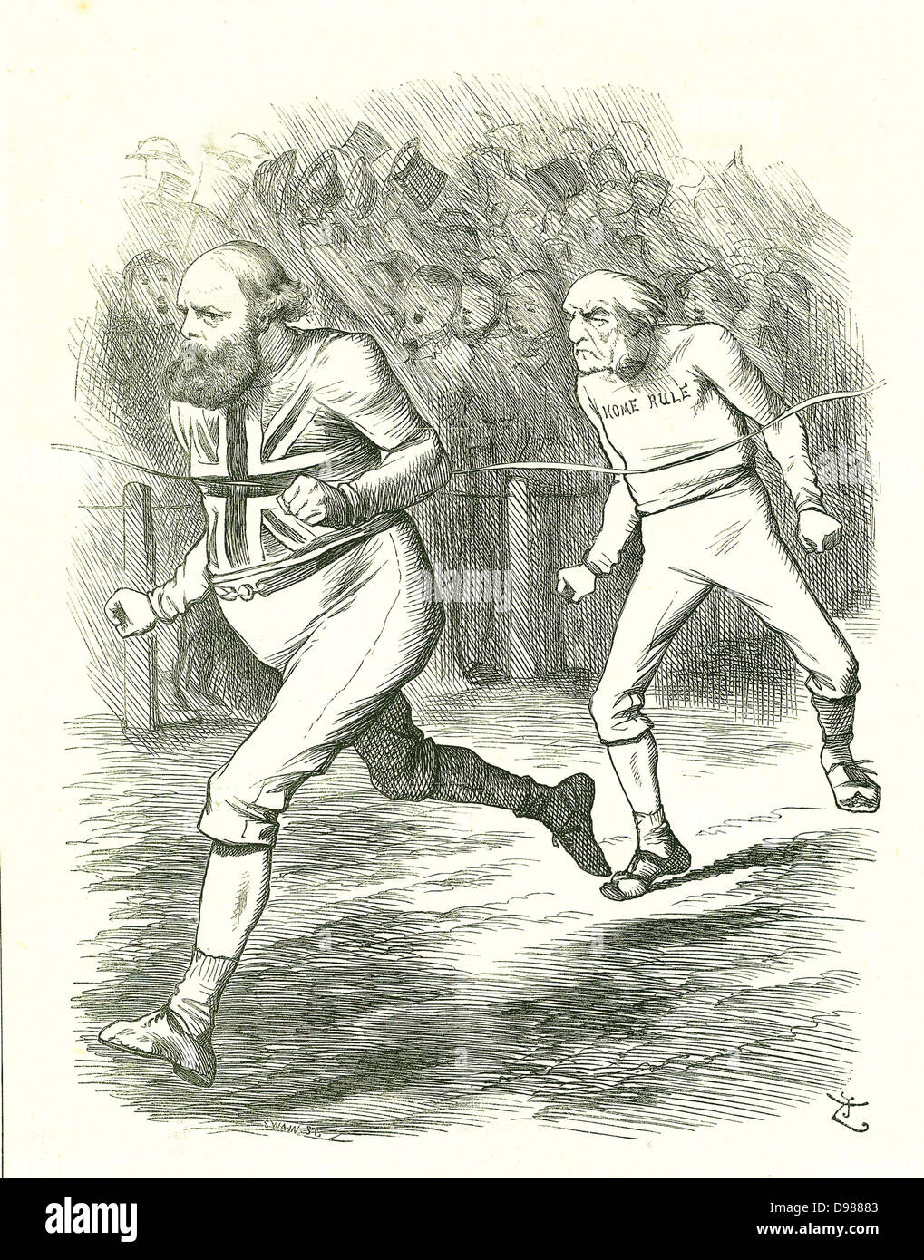 Die Fertig stellen': Bundestagswahl 1886. Gladstone (Liberalen) ging an das Land über seine Home Rule für Irland Rechnung. Salisbury (konservative Opposition) beats Gladstone zur Ziellinie. John Tenniel Karikatur aus 'Lochen', London, 17. Juli 1886. Stockfoto