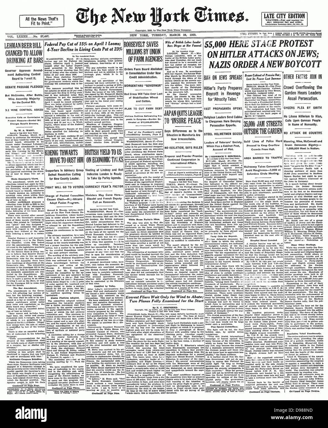 New York Times Schlagzeile über antijüdische Züge nach Hitlers Wahl zum Bundeskanzler der Bundesrepublik Deutschland im Jahre 1933. Stockfoto