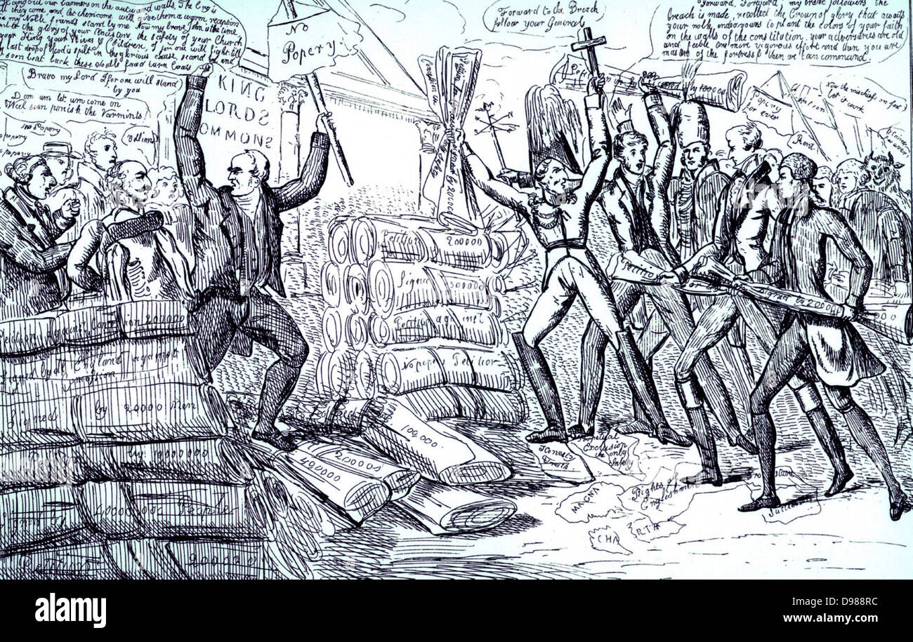 Die Schlacht der Partitionen': Catholic Relief Act, 1829. Unterstützt, rechts, von Wellington, Schälen, Brougham und Burdett und von Cumberland und Eldon und die Anhänger ihrer Kein Papsttum Slogan entgegen. Die Durchführung des Gesetzes durch das britische Parlament im Jahr 1829 war ein Sieg für Daniel O'Connell's Kampagne 1823-1829. Stockfoto
