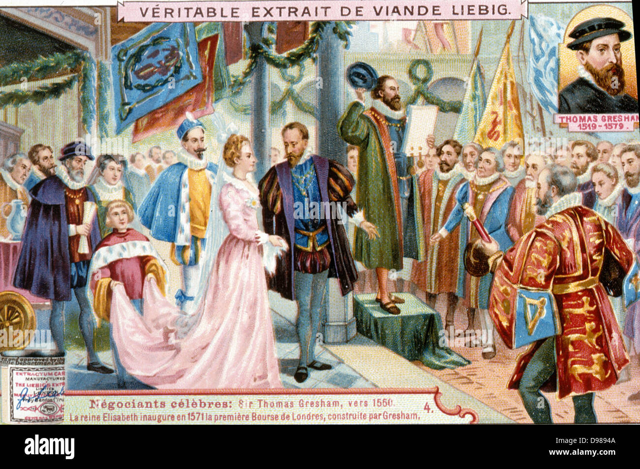 Elizabeth ich zur Eröffnung der ersten Royal Exchange, London, 1571. Der Austausch wurde von Thomas Gresham (1519-1579) gebaut. 19. Jahrhundert Farblitho. Stockfoto