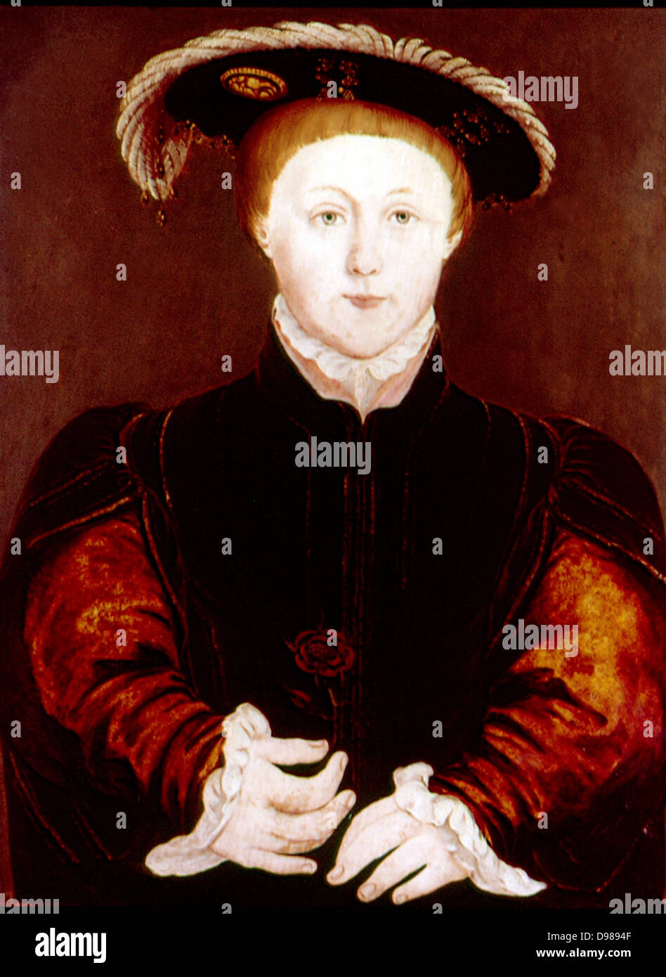 Eduard VI. (1537-1553) König von England und Irland von 1547. Sohn von Heinrich VIII. und seiner dritten Frau Jane Seymour. Immer ein kränkliches Kind, er starb eines natürlichen Todes. Anonymes Porträt Stockfoto
