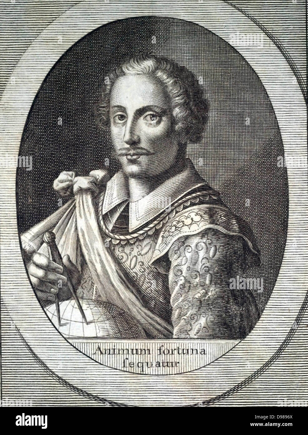 Thomas Cavendish (1560-1592) englischer Weltumsegler. Eines der Schiffe von Walter Raleigh geschickt, um eine Kolonie in Virginia Gründen geboten. 1586-1588 vollendet die dritte Umrundung. Kupferstich von Michiel van der Gucht (1660-1725) für Clarendons "Geschichte". Stockfoto