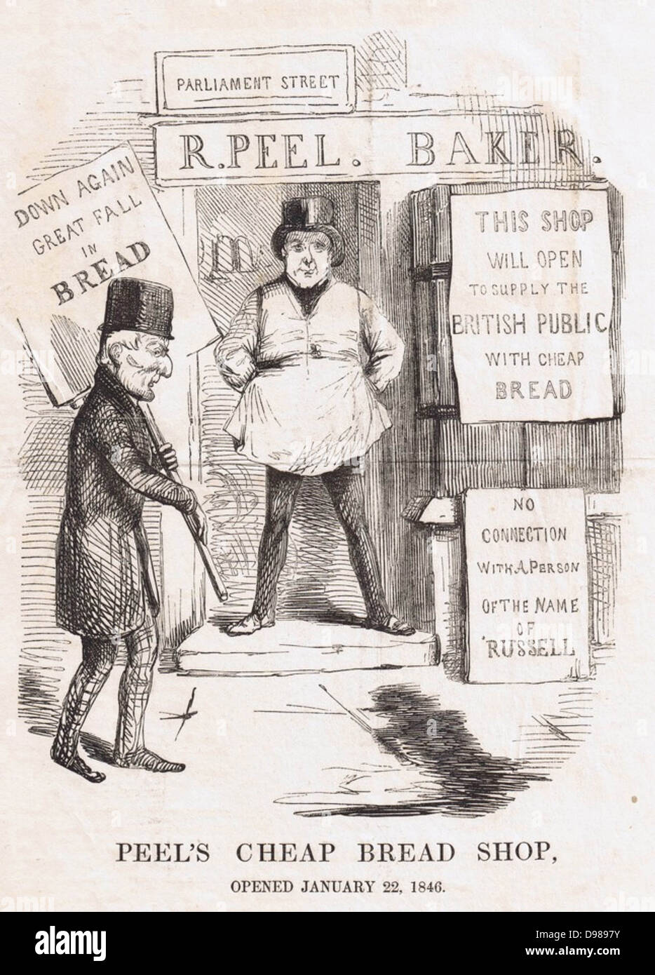 Robert Peel, Herr Ministerpräsident, als Bäcker, Herzog von Wellington die Werbung Plakat. Von 1815 bis 1846 Mais Gesetze gehalten Mais Preise hoch Landwirte vor ausländischer Konkurrenz zu schützen. Die Armen litten unter den hohen Preis des Brotes. In mid-1846 aufgehoben. Cartoon von 'Lochen', London, Januar 1846. Stockfoto