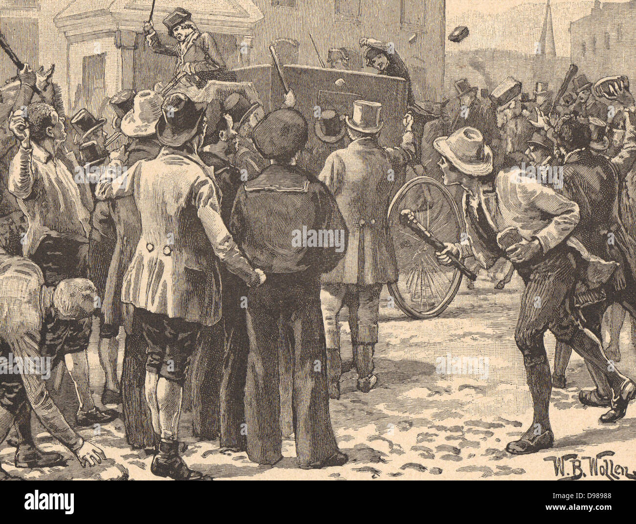 Bristol Unruhen, 1831, eine Reaktion auf die Ablehnung durch das House of Lords der zweiten Reform Bill. Sir Charles Wetherell, Schreiber von Bristol und ein Gegner der Reform, zu der der Mob angegriffen auf seine Eintragung in die Stadt, vom 23. Oktober 1831. Gravur c 1890. Stockfoto