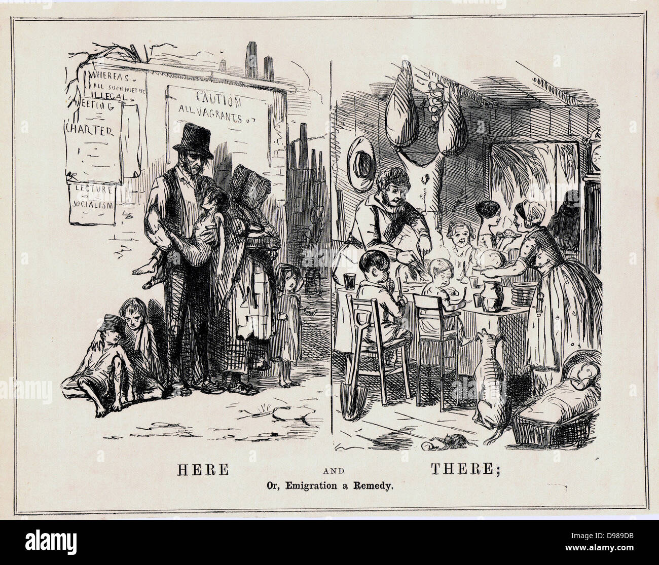 Hier und Dort; oder, Auswanderung ein Heilmittel": Cartoon von 'Lochen', London, 1848, kontrastierende das Elend der schlecht bezahlten oder Arbeitslose britische Arbeiter mit dem Glück und viel konnte er genießen, wenn Er emigrierte nach die Antipoden. Stockfoto