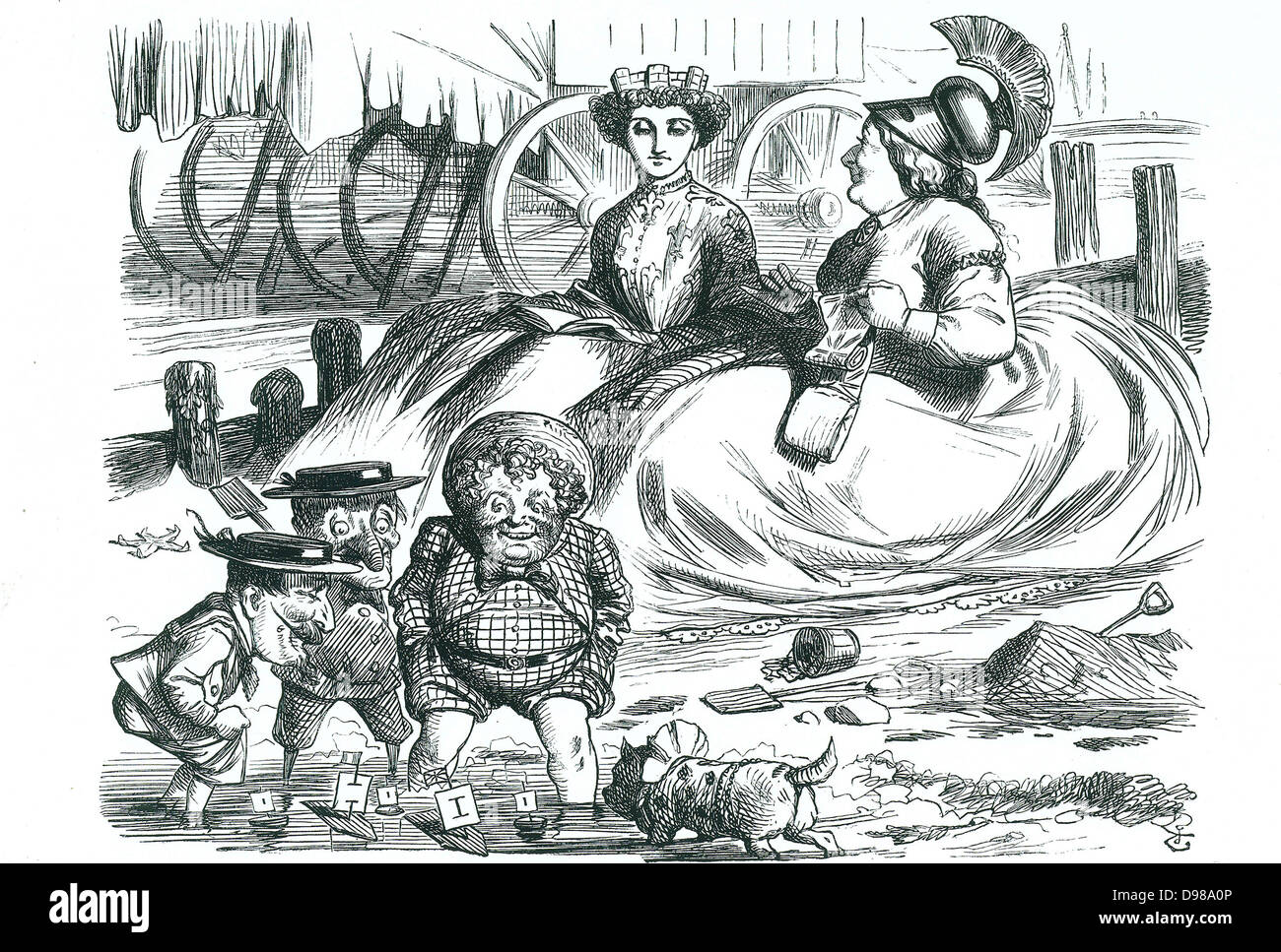 Frankreich und Großbritannien beobachten die Kinder (John Bull, Herr Körner und Napleon III). In diesem Jahr 50 Jahre Frieden zwischen Frankreich und Großbritannien und dem Beginn der Entente Cordiale. John Tenniel Karikatur aus 'Lochen', London, 16. September 1865. Stockfoto