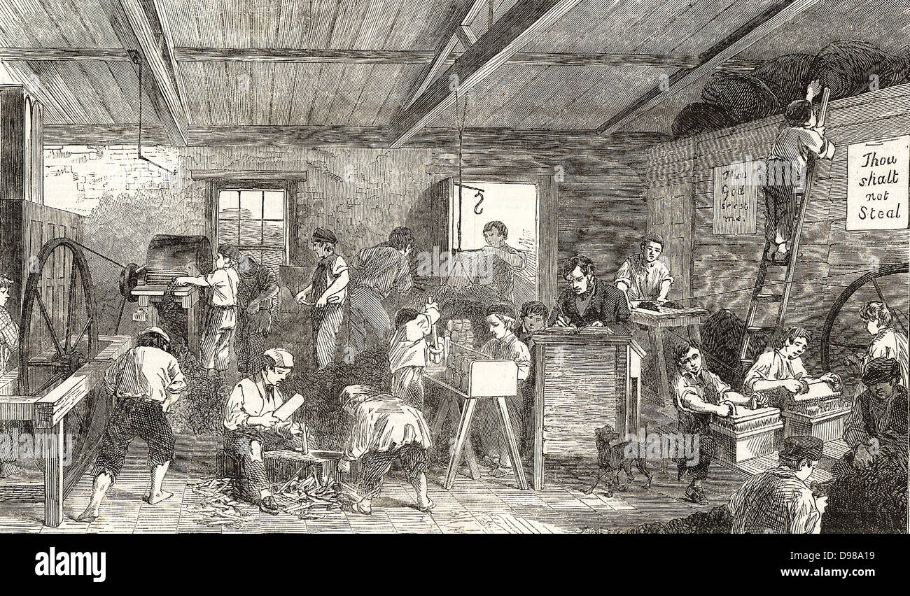 Ragged Schulen: Brook Street zerlumpter und Gewerbliche Schule, Hampstead, London. Jungen, die unter Aufsicht eines Meisters in der Werkstatt. Von der "Illustrated London News", London, 17. Dezember 1853. Stockfoto