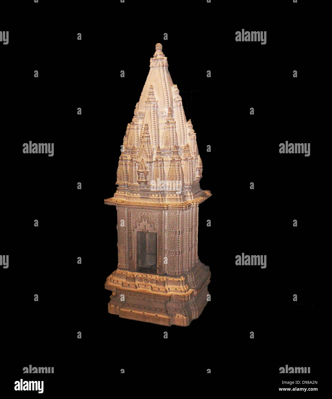 Sandstein miniatur Hindu Tempel von Benares, North India. Ende des 18. oder 19. Jahrhundert n. Diese Miniatur Tempel besteht aus drei Abschnitten. Es ist typisch für die spätere North Indian oder Negara Stil der indischen Tempel Architektur. Stockfoto