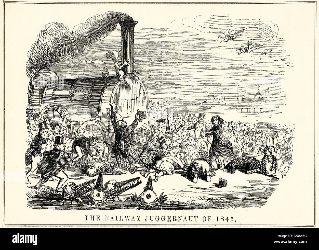 Der Moloch von 1845': Eisenbahn - wütende Investoren fallen vor dem Moloch der Bahn Spekulation. Cartoon von 'Lochen', London, 1845. Stockfoto