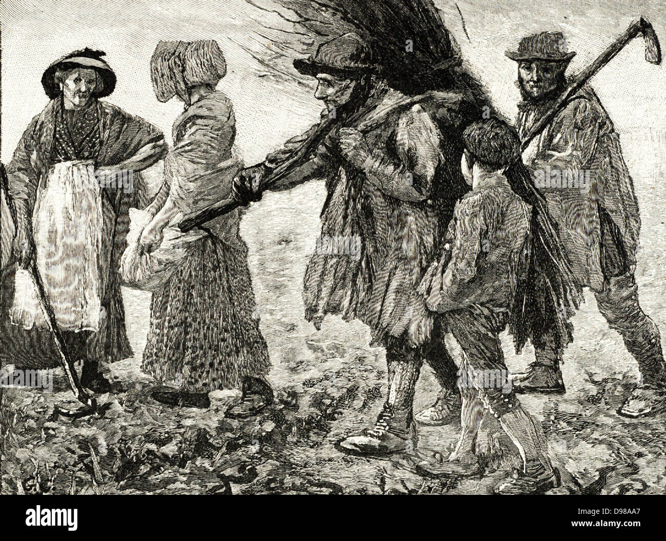Gruppe von Landarbeiter zum Zeitpunkt des Gefahrübergangs die erste Reform Act 1832. Gravur. Stockfoto