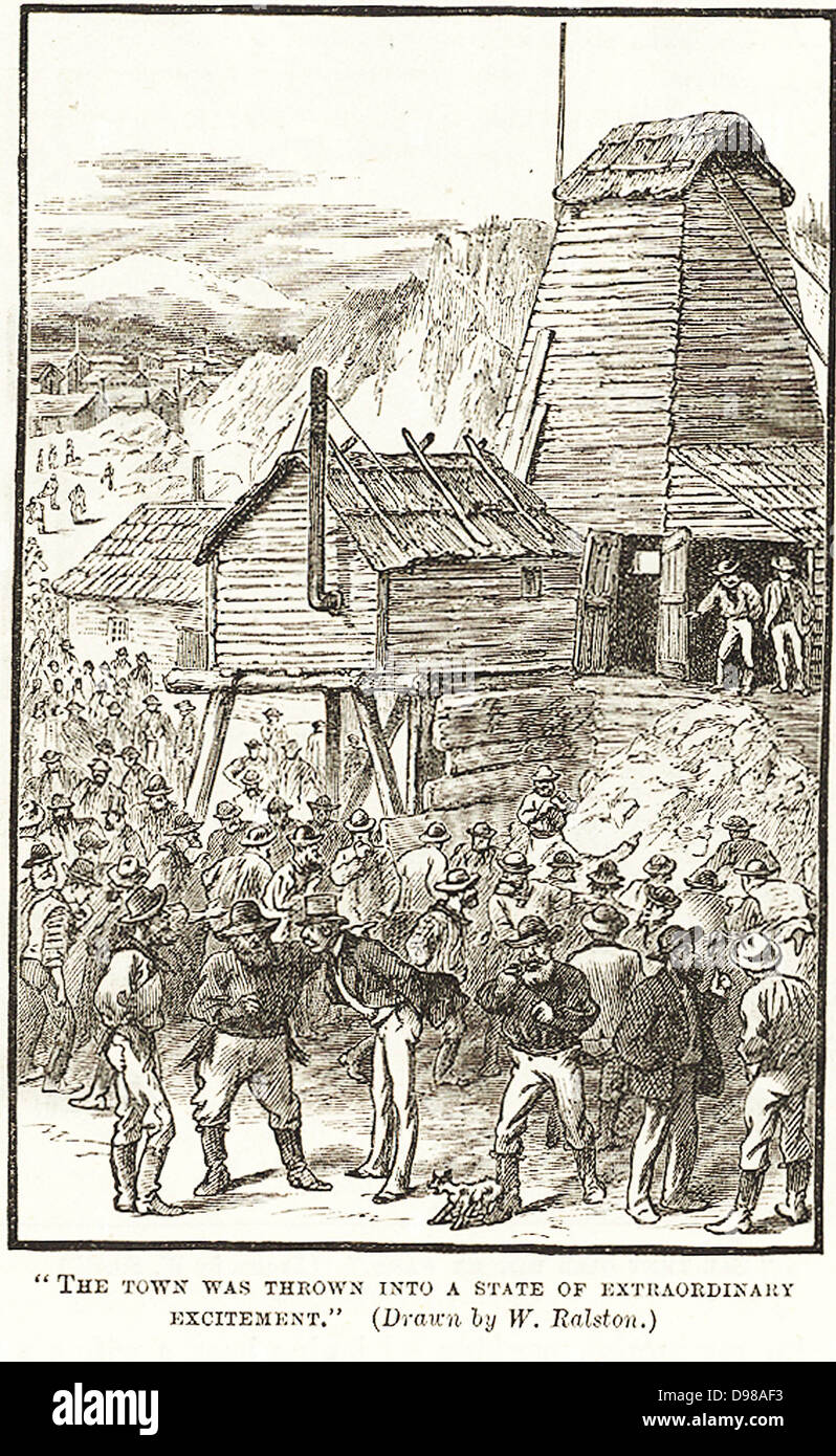 Markante es reich an Nevada Silber mine. "Die Stadt wurde in einem Zustand der außerordentlichen Erregung geworfen." Illustration von William Ralston zum "Reich mal ich einmal hatte" von Mark Twain. Kupferstich, 1883. Stockfoto