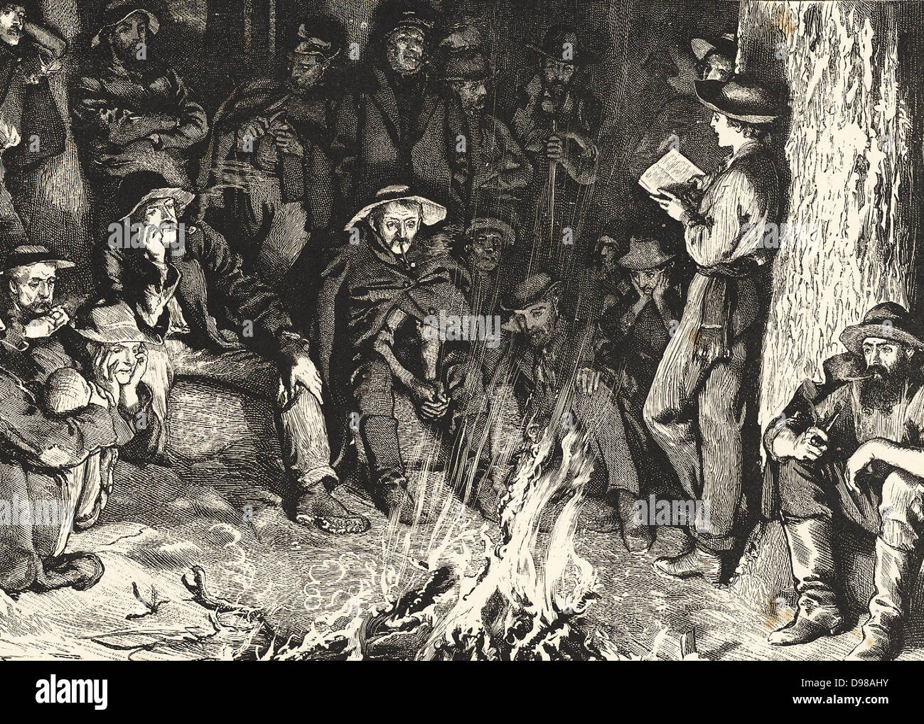 Anhören der Alte Neugier Shop" im Westen. Abbildung für Gedicht Bret Hart 'Little Nell', auf einem populären Anekdote. Als Charles Dickens' Buch wurde in serieller Form 1841 Boote in New York ankommen veröffentlicht wurden von Leuten, die in der nächsten Folge belagert und es war dann nach Westen weitergegeben. Gravur. Stockfoto