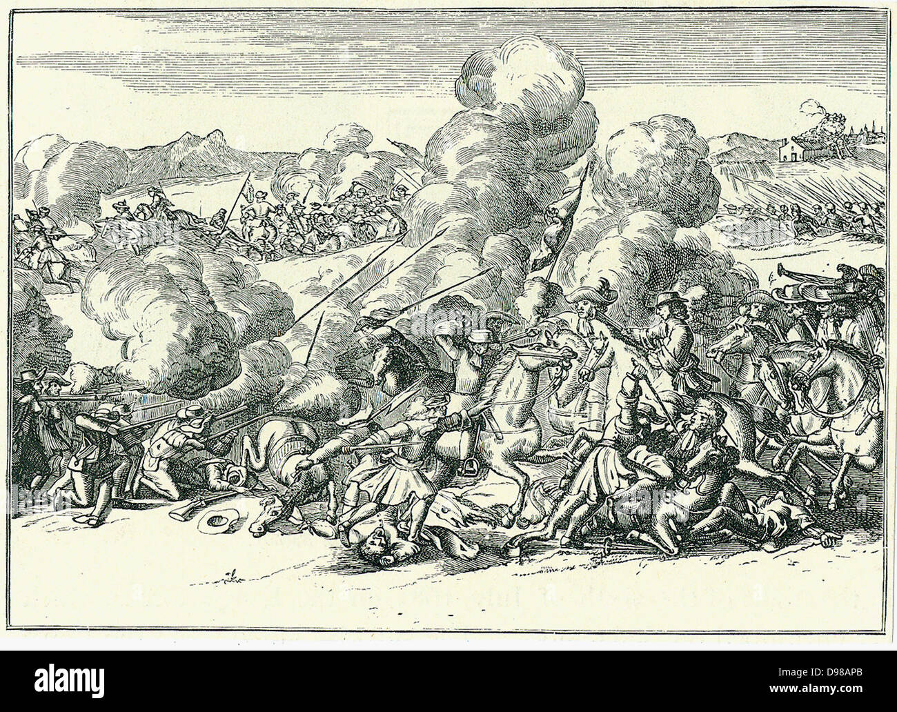 Schlacht von Sedgemoor, Westonzoyland, Somerset, England, 6. Juli 1685. James, Herzog von Monmouth, unehelicher Sohn von Charles II., hat versucht, den britischen Thron, auf den Tod des Vaters zu ergreifen. Seine schlecht ausgestatteten Kraft wurde von der Armee von James zerstört. Gravur. Stockfoto