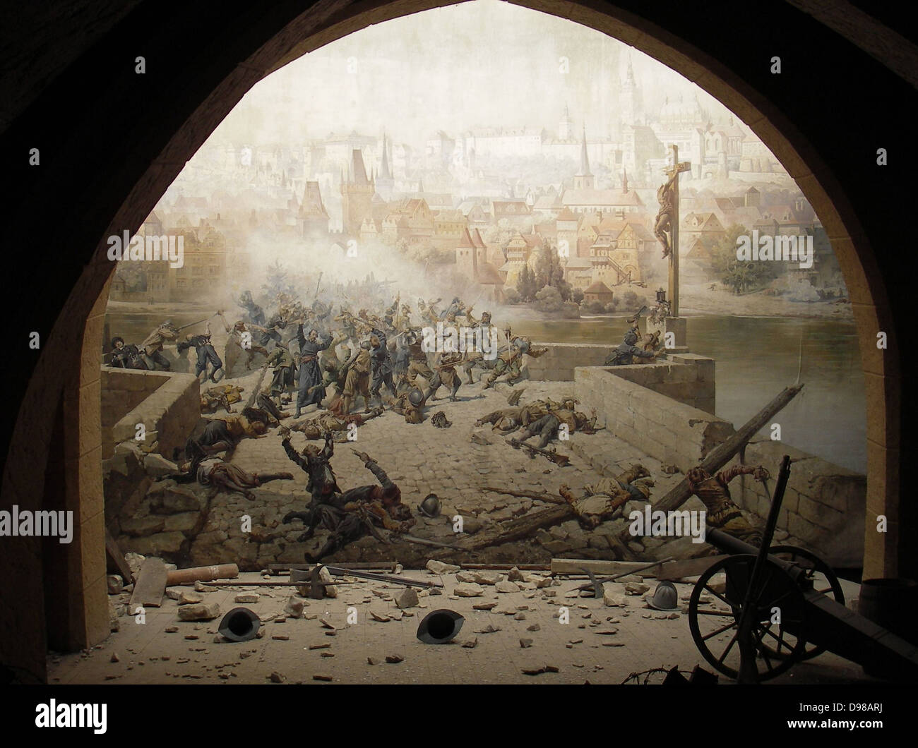 Schlacht auf der Karlsbrücke in Prag im Jahre 1648, nach dem Dreißigjährigen Krieg zu stoppen. Bild- und Installation für die Prag Ausstellung von 1891 erstellt. Stockfoto