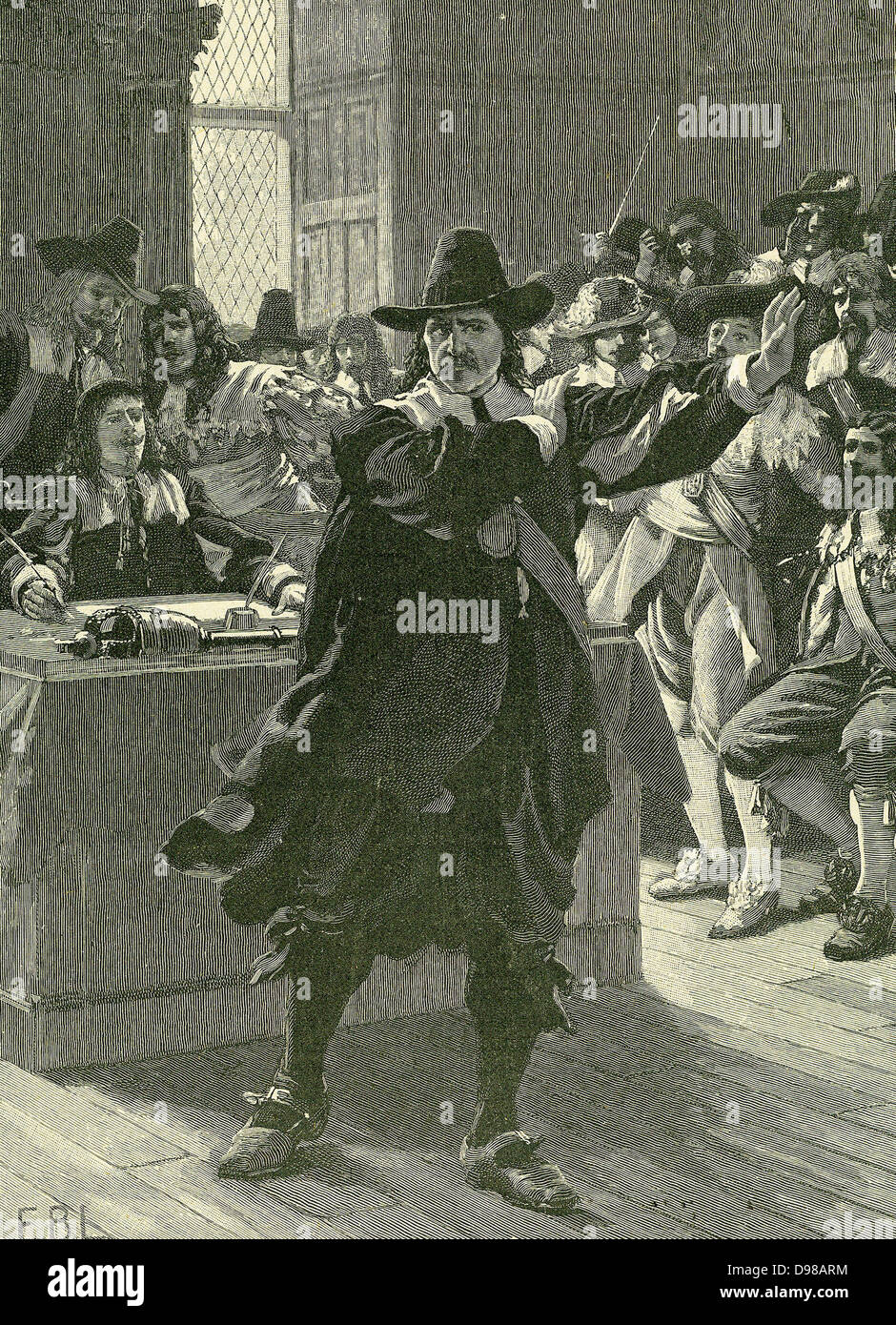 Oliver Cromwell (1599-1658), englischer Staatsmann. Lord Protector (1653-1658). Cromwell die Entlassung des Rumpfparlament, 1653. Gravur c 1885. Stockfoto