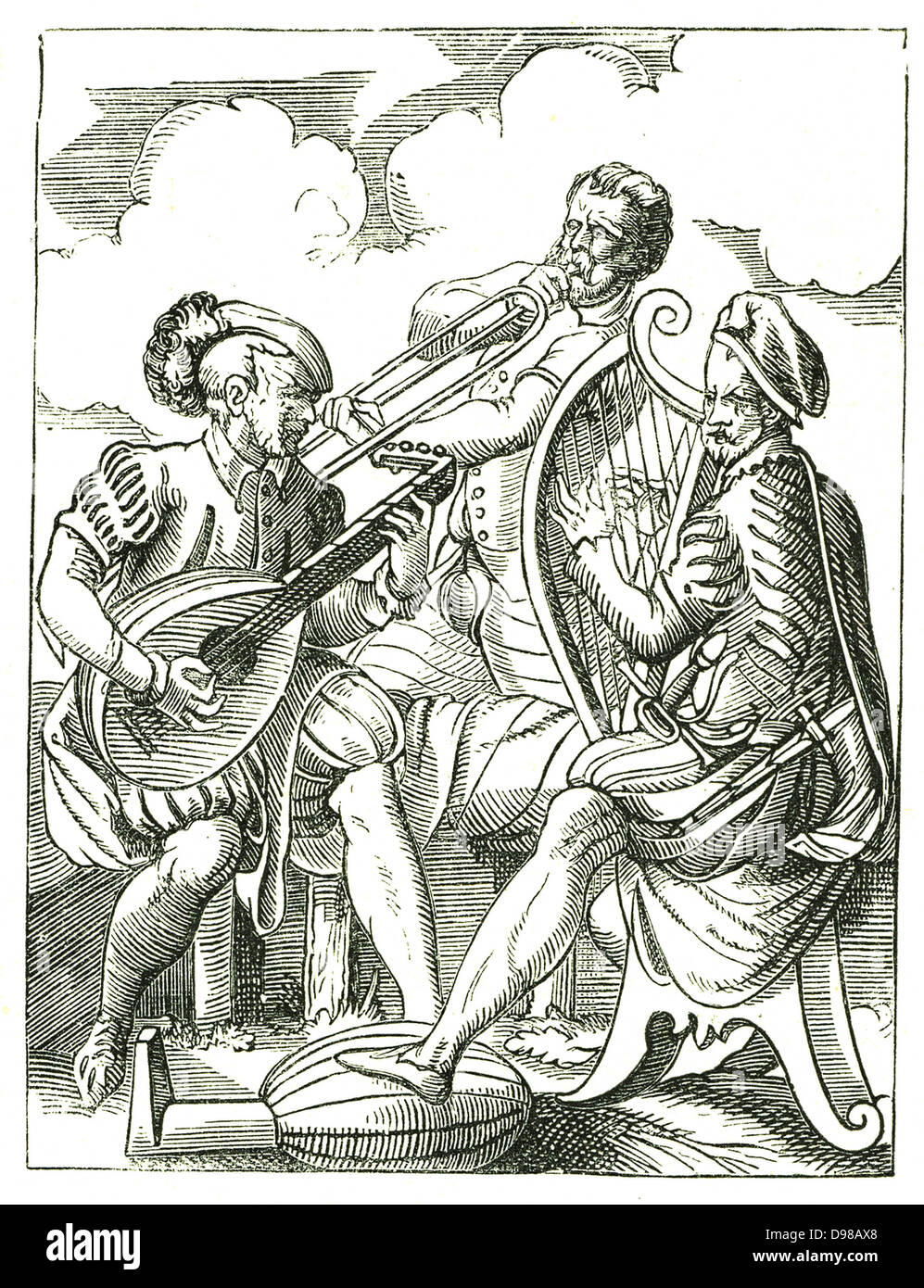 Deutsche Musiker spielen laute, links, Clarsach (keltische Harfe) und Horn. Holzschnitt von Jost Amman (1535-1591). Stockfoto