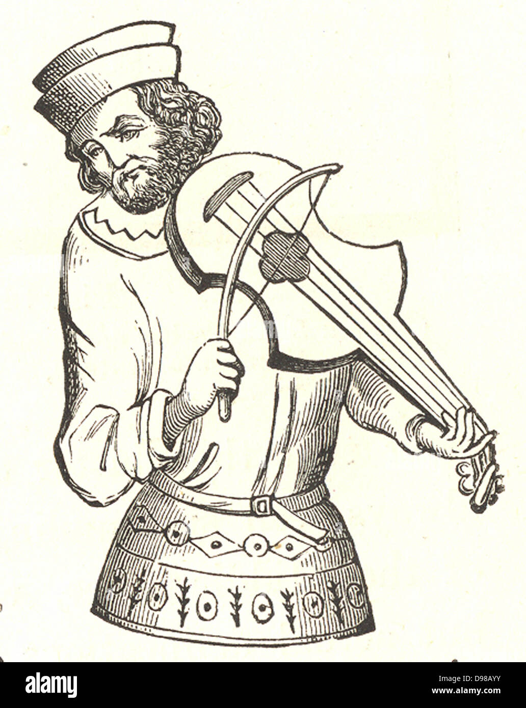 Ein Jongleur spielen eine Vielle. Stich nach einem fünfzehnten Jahrhundert französische Manuskript. Stockfoto