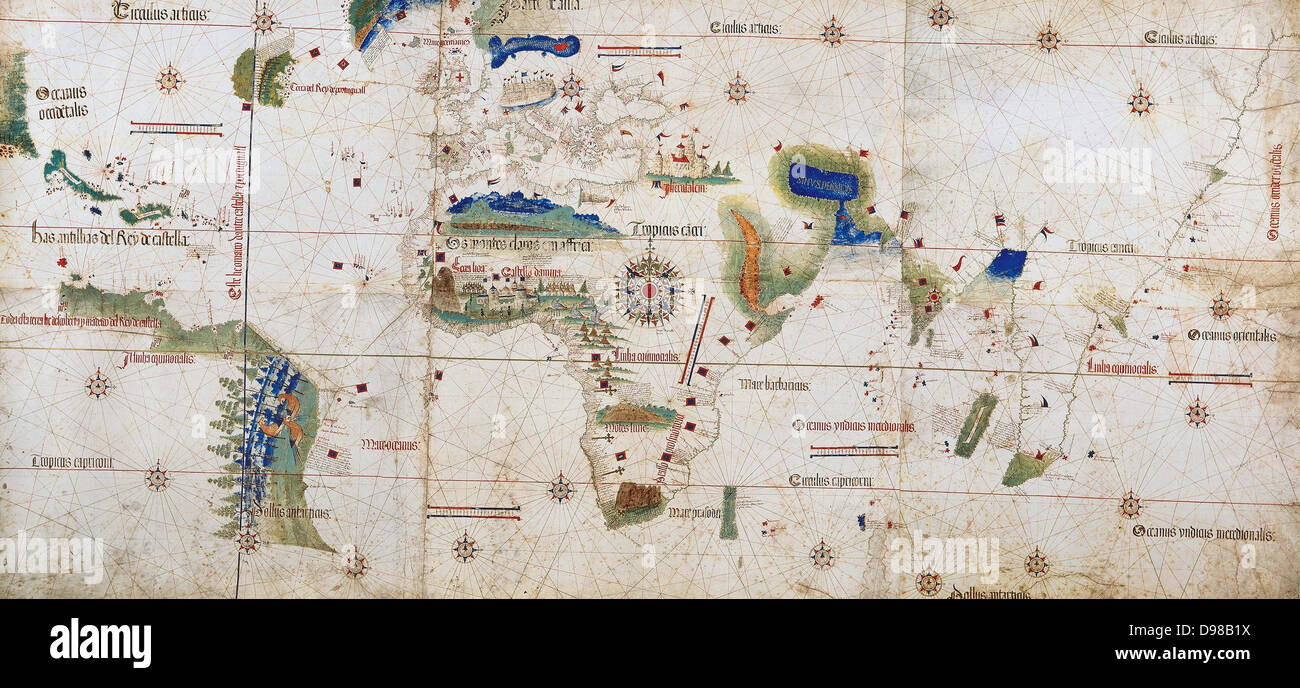 Weltkarte von 1502, die den afrikanischen Kontinent in der Mitte. Nach Alberto Cantino, Italienisch diplomatischen Agenten in Lissabon, die es für den Herzog von Ferrara, genannt. Die Rivalität zwischen Spanien und Portugal über Handel und Eroberung wurde durch den Vertrags von Tordesillas 1494 geregelt. Die blaue Linie auf der linken Seite zeigt die Päpstlichen Abgrenzung des Territoriums, Spanien im Westen, Portugal im Osten. Stockfoto