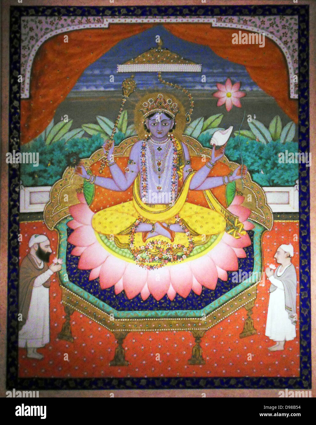 Vishnu auf einem Lotus petal Thron. Anfang 1900, Indien. Blattgold und Gouache auf Papier. Vishnu ist der Oberste Gott in der Tradition des Hinduismus Vaishnavite Stockfoto