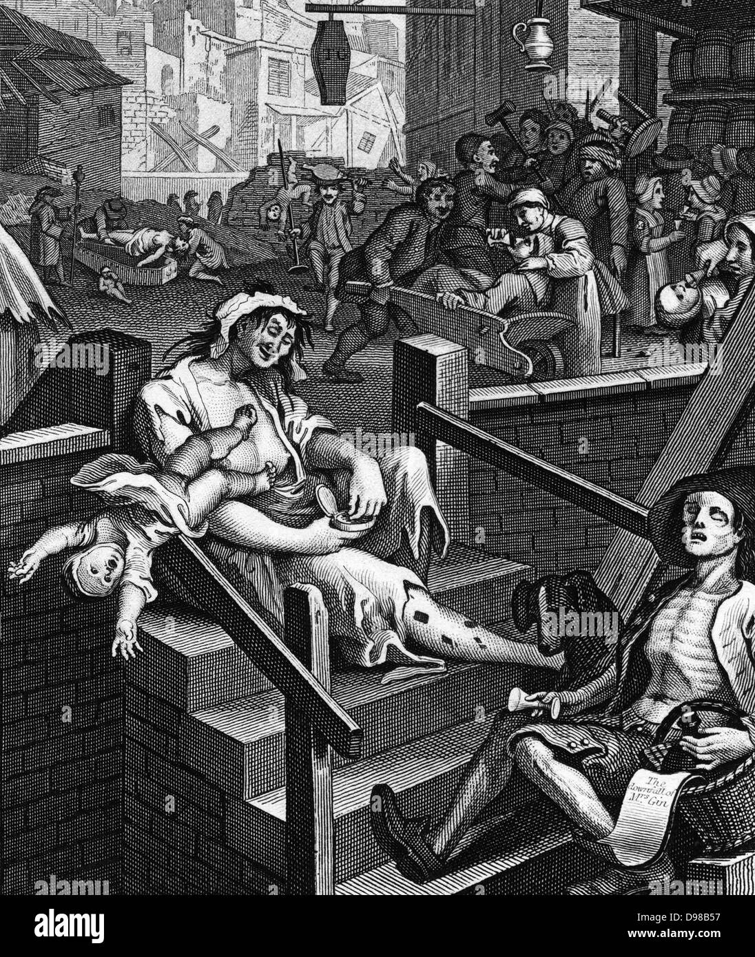 Gin Lane ist ein Drucken 1751 von William Hogarth (1697 - 1764) Ein englischer Maler, Grafiker, in Anlehnung an das, was der Gin handeln würde. Es zeigt die Übel der Verbrauch von Gin Stockfoto