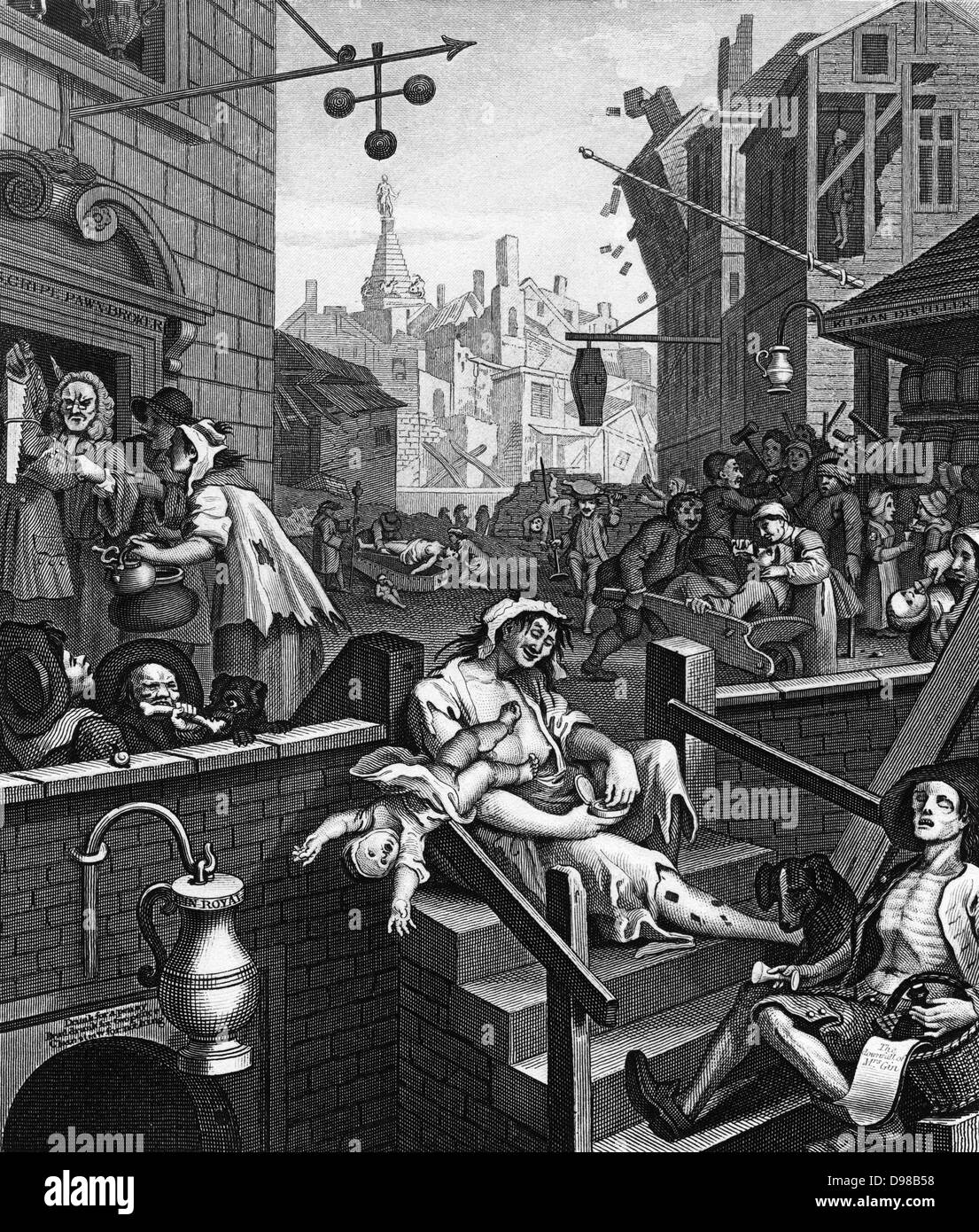 Gin Lane ist ein Drucken 1751 von William Hogarth (1697 - 1764) Ein englischer Maler, Grafiker, in Anlehnung an das, was der Gin handeln würde. Es zeigt die Übel der Verbrauch von Gin Stockfoto