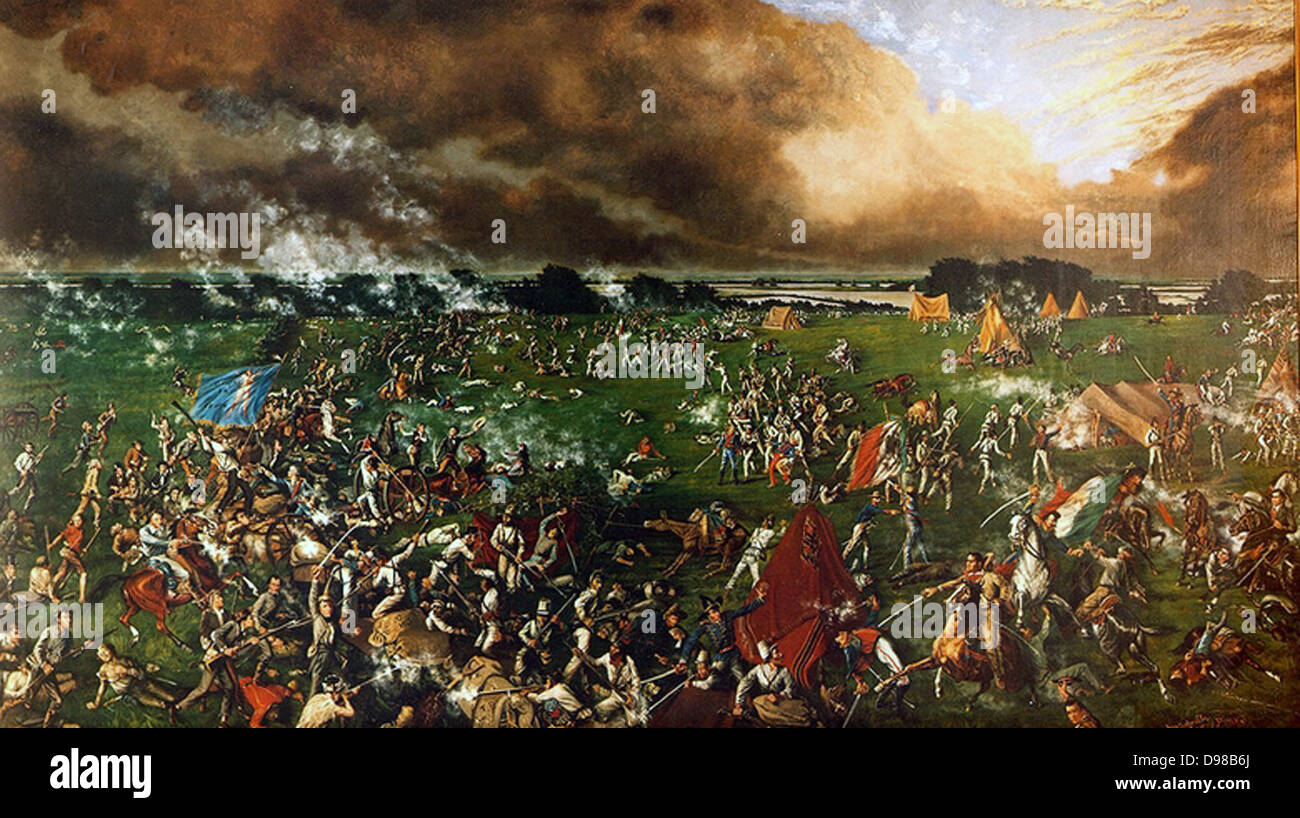 Schlacht von San Jacinto, 21. April 1836: Texas Unabhängigkeitskrieg (aus Mexiko) auch genannt das Texas Revolution. Mexikaner von Santa Anna besiegte in 12 Minuten durch die texian (US) Kräfte unter Sam Houston. Santa Anna gefangen und gezwungen, Vertrag von Velasco am 14. Mai, die die Unabhängigkeit von Texas anerkannt zu unterzeichnen. Stockfoto