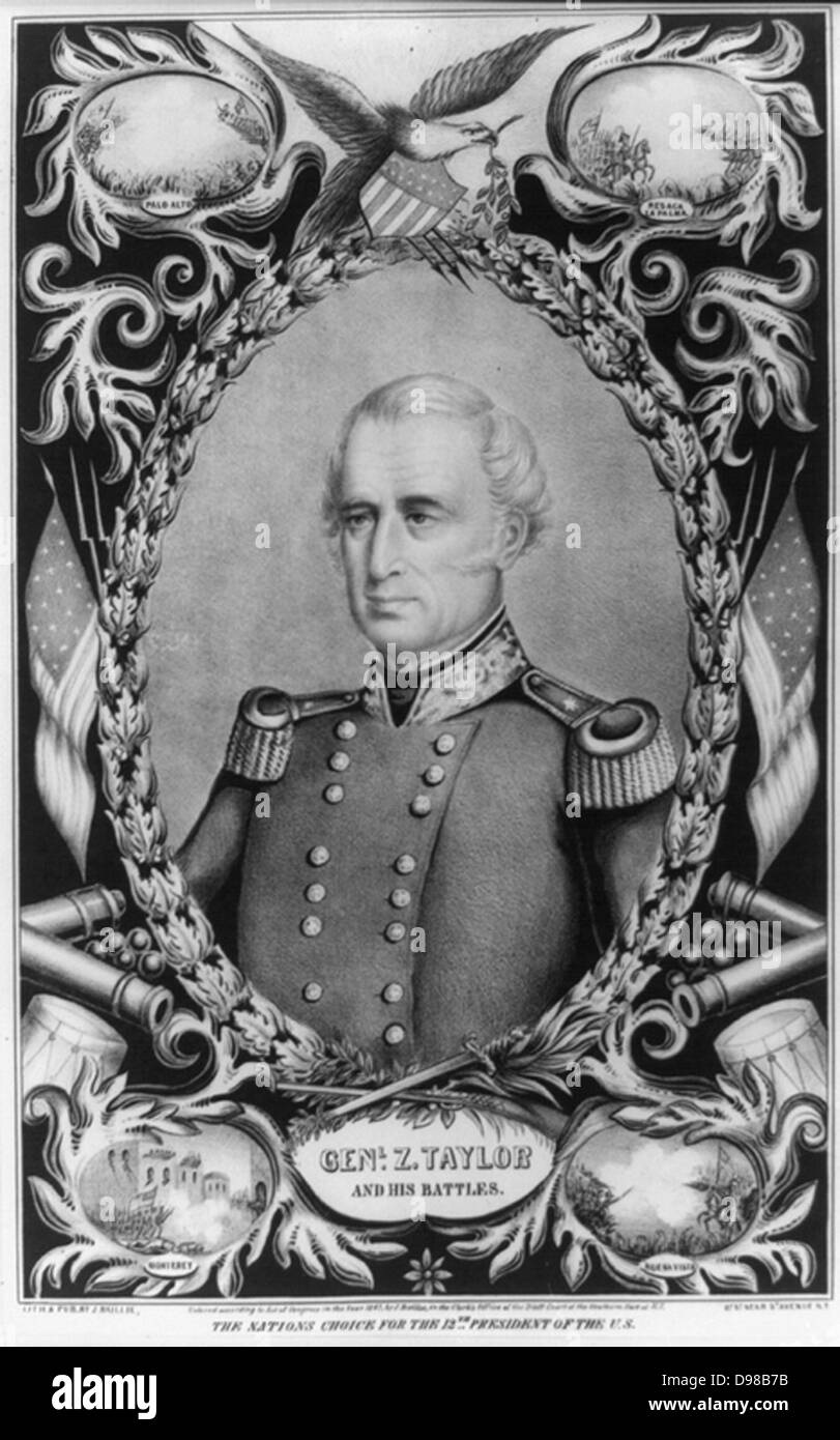 Zachary Taylor (1784-1850), US-amerikanische Soldaten und 12. Präsident der Vereinigten Staaten 1849-1850. Lithographie von General Taylor durch Motive der seine Schlachten umgeben. Stockfoto