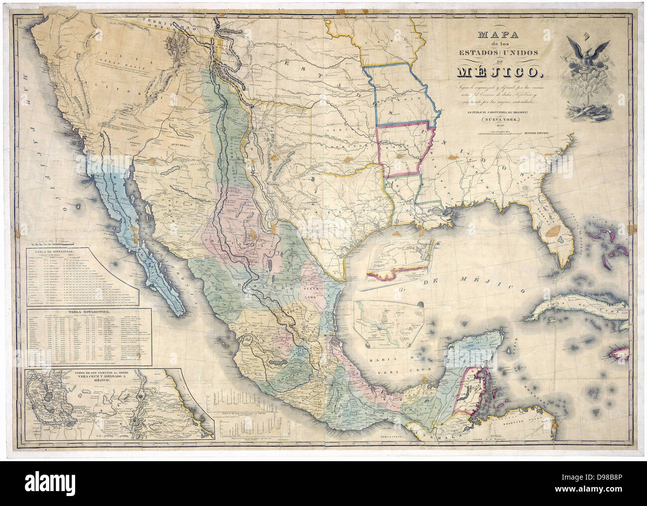 Karte der Vereinigten Staaten von Mexiko, 1847 veröffentlicht von J Disturnall. Dies wurde der Vertrag von Guadalupe-Hidalgo dem die Mexikanische amerikanischen Krieg (1846-1848) Beendet angehängt, und zeigt die obere Kalifornien und New Mexico als Mexikanische, obwohl sie in dem Vertrag abgetreten worden war. Es gibt auch die Grenzen und mexikanischen Schreibweisen. Stockfoto