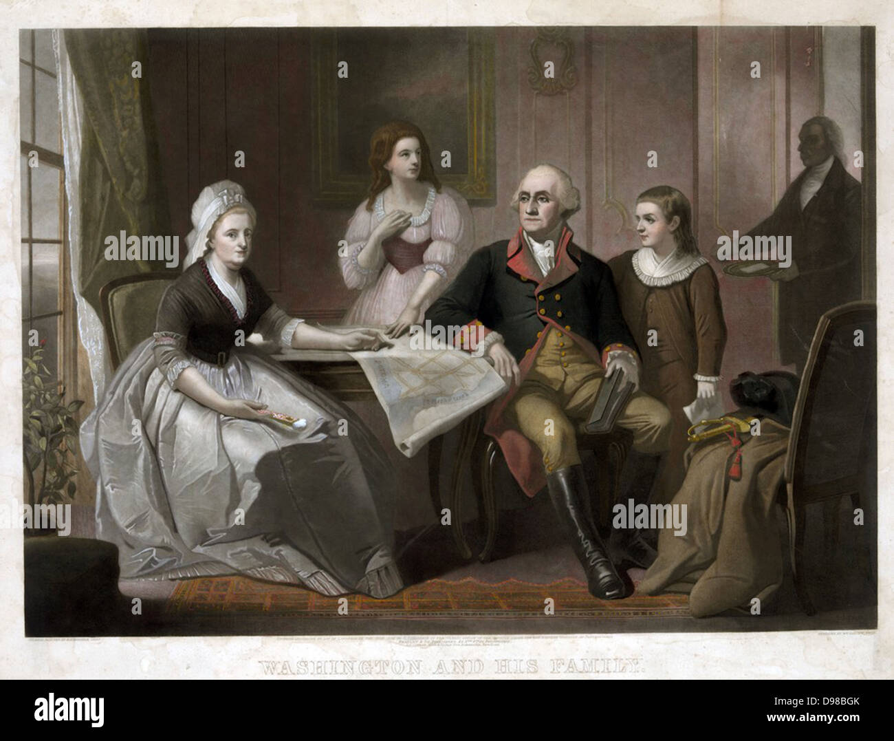 Washington und seine Familie: George und Martha Washington am Tisch sitzen, Nelly Custis und George Washington Custis stehend, Diener den Raum betreten. Farbige Schabkunst c 1864 nach dem Gemälde von Christian Schussele. Stockfoto