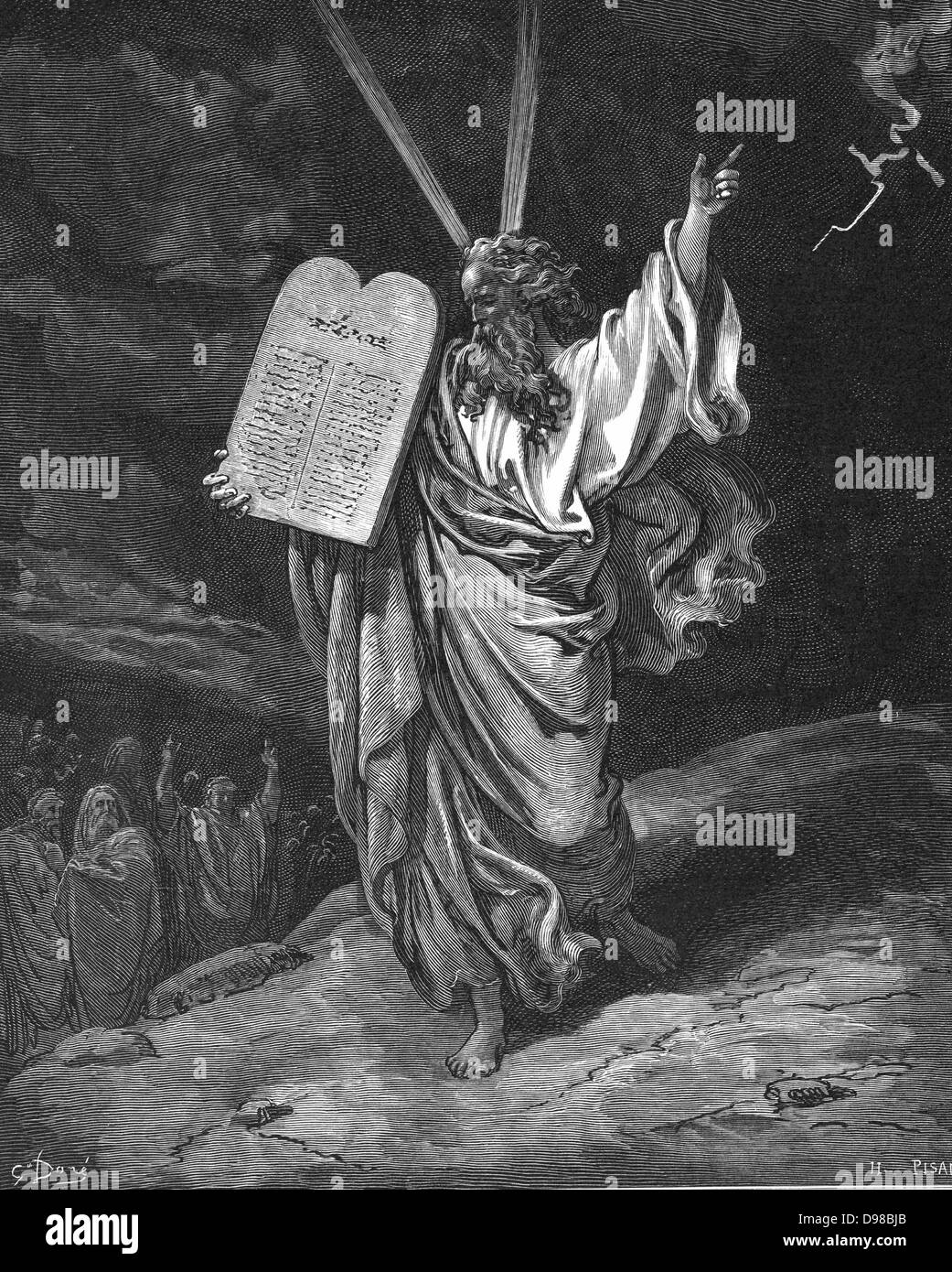 Moses vom Berg Sinai mit den Gesetzestafeln (zehn Gebote) absteigend. Exodus 5,35. Illustration von Gustave Dore (1832-1883) für "Die Bibel" (London 1866). Holzstich. Stockfoto