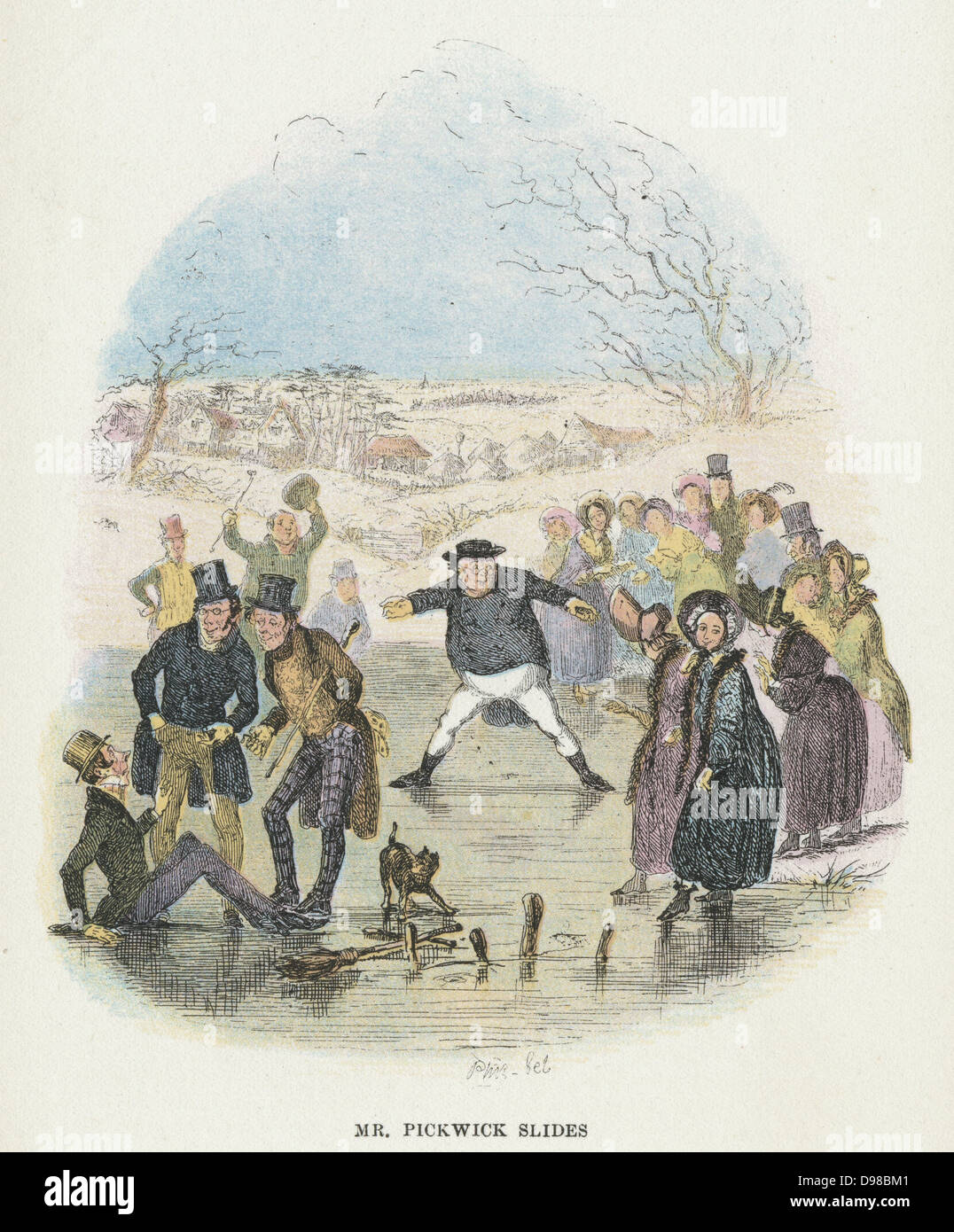 Herr Pickwick gleitet. Illustration von "Phiz" (Hablot Knight Browne - 1815-1882) für Charles Dickens (1812-1870) "Nachgelassene Papiere des Pickwick-Klubs", ursprünglich veröffentlicht in London, 1836-1837 Stockfoto