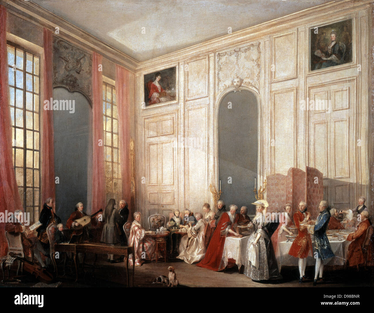 Le Der a l'Anglaise" (Tee in der englischen Mode in den Salons der vier Spiegel, Palast der Tempel, Paris, 1764). Auf der linken Seite der junge Mozart sitzt am Clavichord. Ollivier Michel, Barthelemy (1712-1784), französischer Maler. Stockfoto
