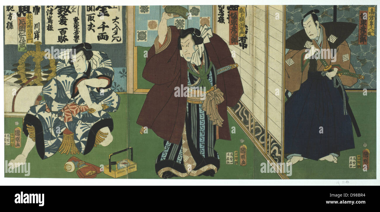 Szene aus einem Kabuki-Theater-Performance. In diesem stark stilisierte japanischen Tanz-Drama von 1629 hatte alle Rollen von Männern gespielt werden. Diejenigen, die spezialisiert auf Frauenrollen wurden Onnagata genannt. Utagawa Kunisada (1786-1864) japanische Künstler und Grafiker. Farbiger Holzschnitt. Stockfoto