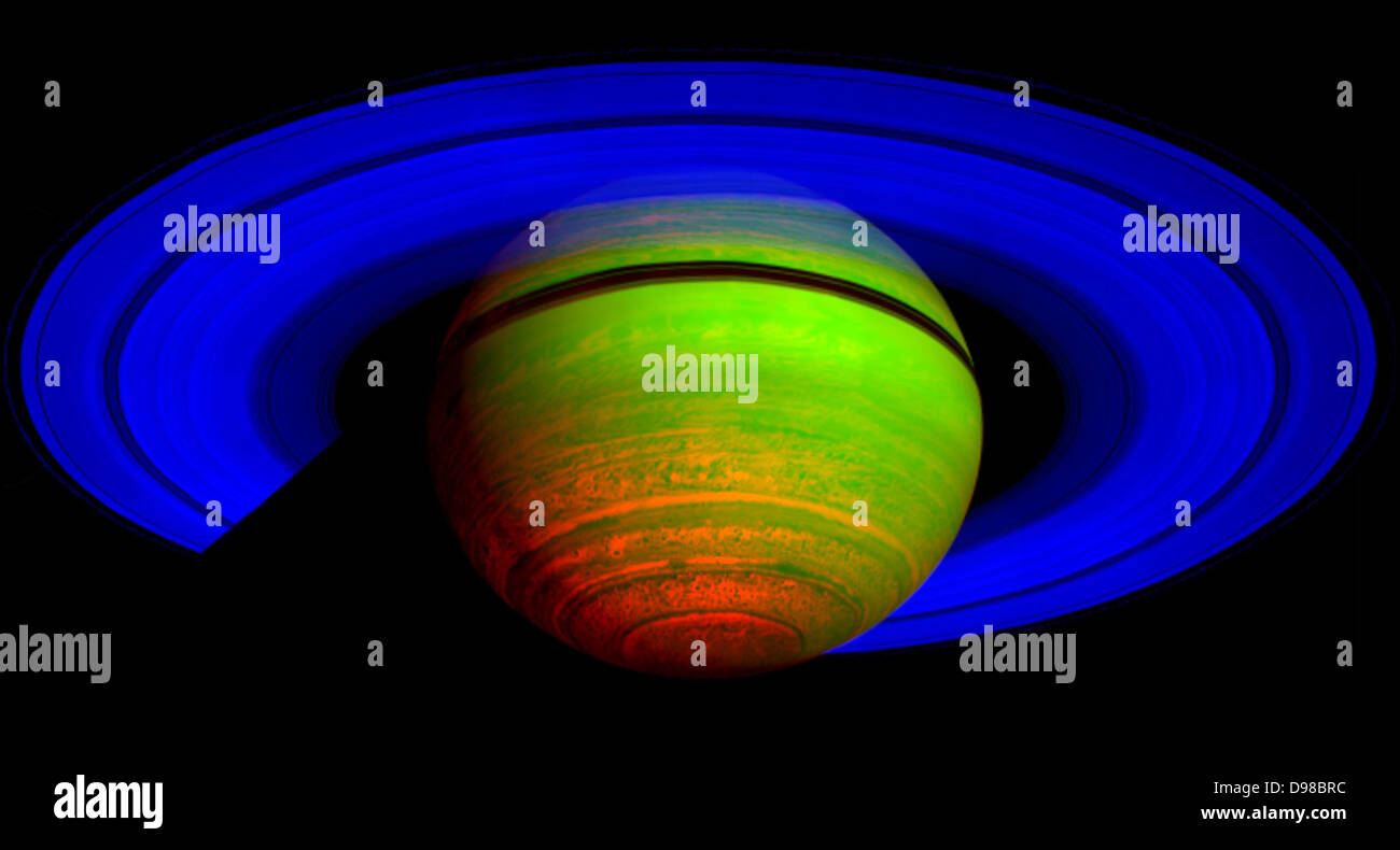 Diese falsche Farbe das zusammengesetzte Bild von Saturn ist von Daten im nah-infraroten Wellenlängen des Lichts gesammelt gebaut: Blau wird verwendet, um Sonnenlicht bei einer Wellenlänge von 2 Mikrometer wider, Grün, Sonnenlicht auf 3 Mikron und roten thermische Emission bei 5 μm bis hin reflektiert. Die Wärmeabgabe von Innen von Saturn ist nur bei 5 µm Wellenlänge im Spektrometer Daten gesehen, und damit erscheint rot. Stockfoto
