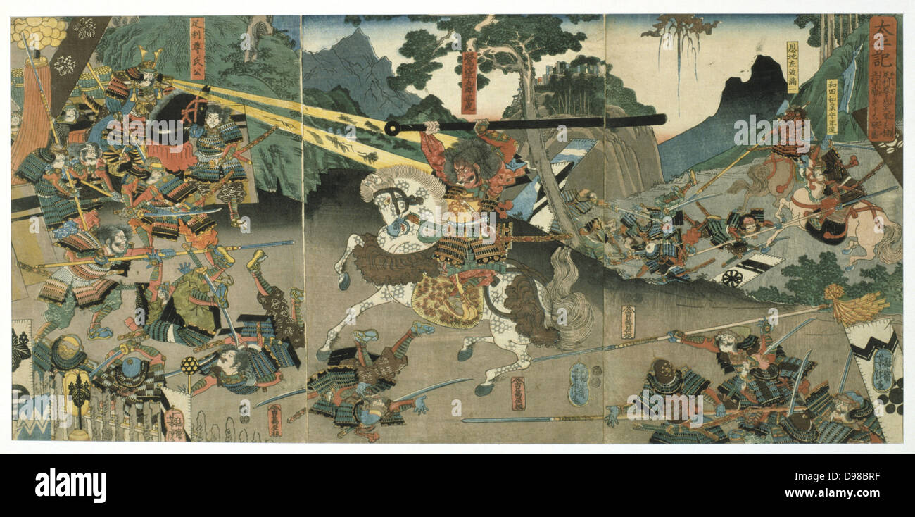 Kampfszene aus der Serie "The vierzig - sieben Treue Samurai". Farbiger Holzschnitt, späten 1840er Jahren. Utagawa Yoshitora (aktive 1850-1880) japanische Künstler und Grafiker... Stockfoto