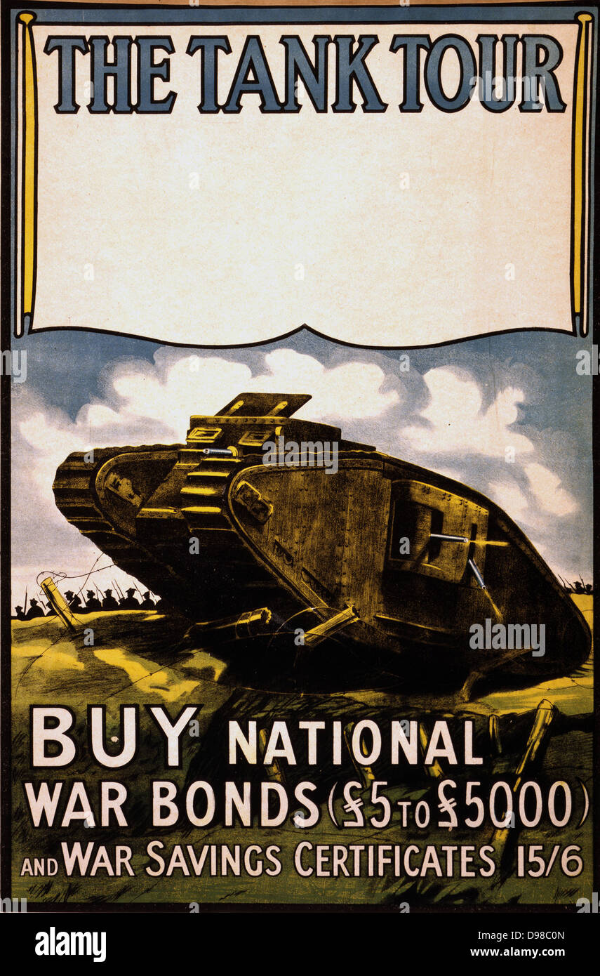 Titel: Der Tank-Tour. Kaufen Sie nationale Kriegsanleihen (£5 zu £5000) und Krieg Kassenobligationen 1918 Stockfoto