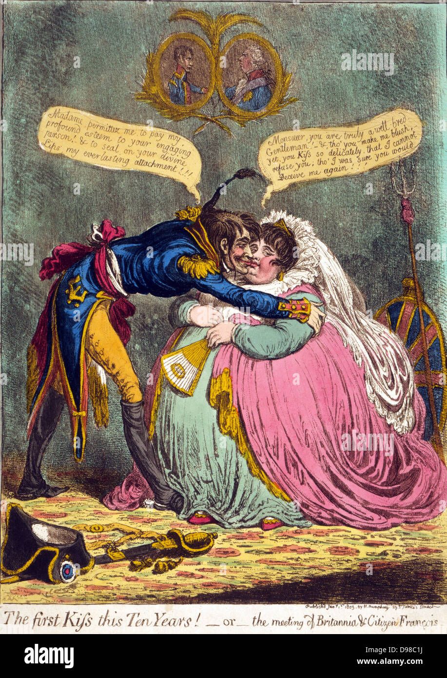 Die ersten zehn Jahre Kiss! - Oder - das Treffen der Britannia & Bürger François. Ein hohes, dünnes, französischer Offizier Küssen eines Fett, reich gekleidet, Britannia sitzt. Sein Hut und Schwert lag auf dem Teppich. Die Britannia Schild und trident Rest auf der Wand hinter Ihrem Stuhl. Über ihnen sind Portraits von George III. und Napoleon, einander gegenüber. Schöpfer James Gillray, 1756-1815, Stecher. Veröffentlicht 1803. Stockfoto