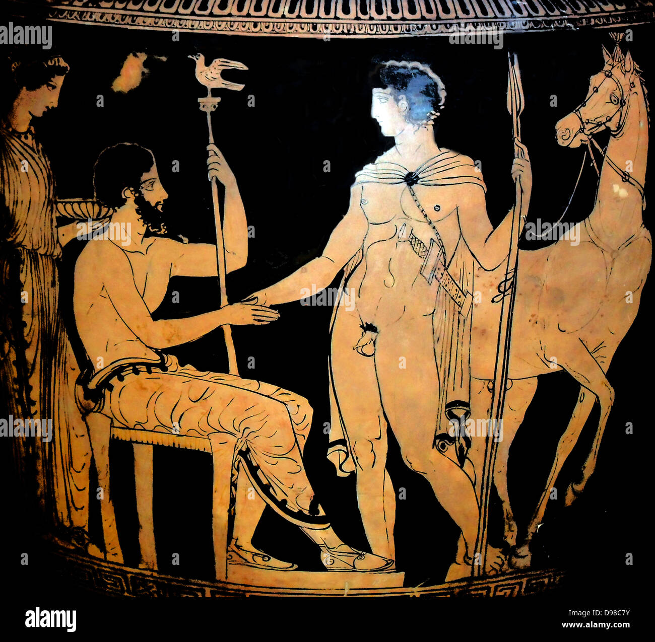 Griechische Vase dekoriert mit der Darstellung eines jungen Kriegers, der Abfahrt von zu Hause aus. 4.-5. Jahrhundert v. Chr. Stockfoto