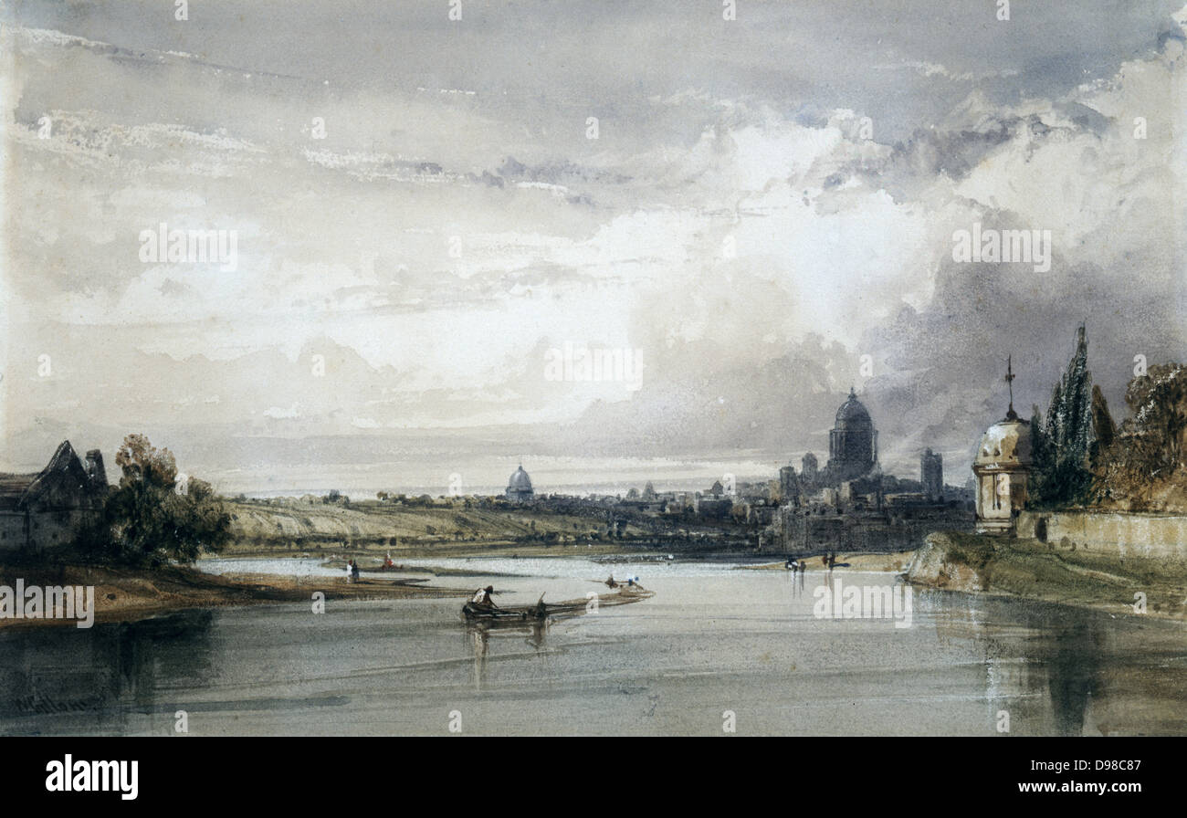 Entfernte Ansicht von Paris'': William Callow (1812-1908), englischer Maler und Zeichner. Flusslandschaft mit grauen Stadt in Ferne gegen einen grauen Himmel. Stockfoto