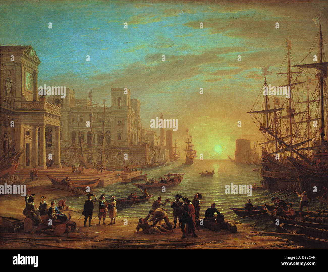 Blick auf eine Hafenstadt' oder 'seaport', 1639. Öl auf Leinwand: Claude Lorrain auch als Claude Gellee (c) 1600-1682 Französische Maler in Italien tätig. Idealisierte Ansicht eines Hafens am Abend. Stockfoto