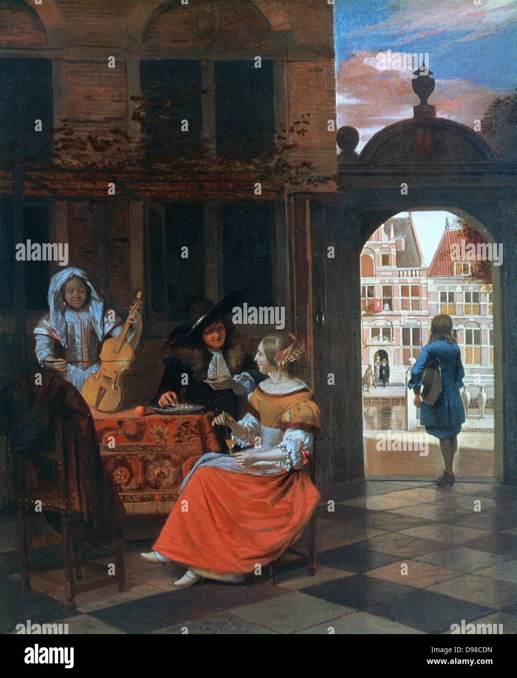 Ein Musik-Party: Gruppe in einem Innenhof runden Tisch mit einem Teppich bedeckt. Über Gateway ist ein Blick auf einen Kanal und die Häuser am gegenüberliegenden Ufer. Niederländischen Malers Pieter de Hooch (1629-1684). Stockfoto