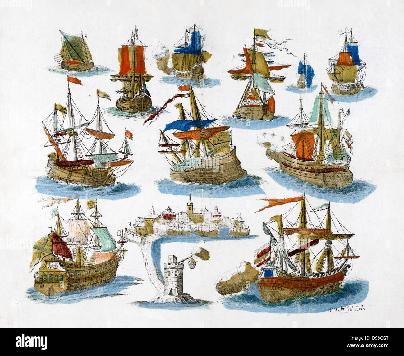 Beliebte achtzehnten Jahrhundert Drucken von verschiedenen Segelschiffe. Stockfoto